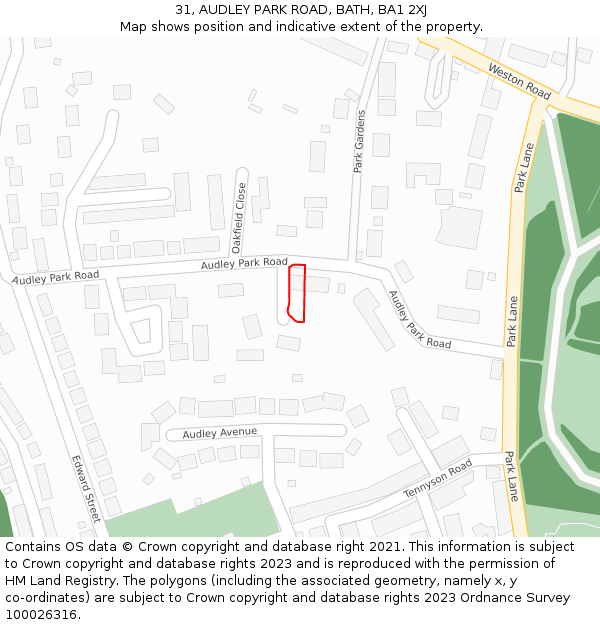 31, AUDLEY PARK ROAD, BATH, BA1 2XJ: Location map and indicative extent of plot