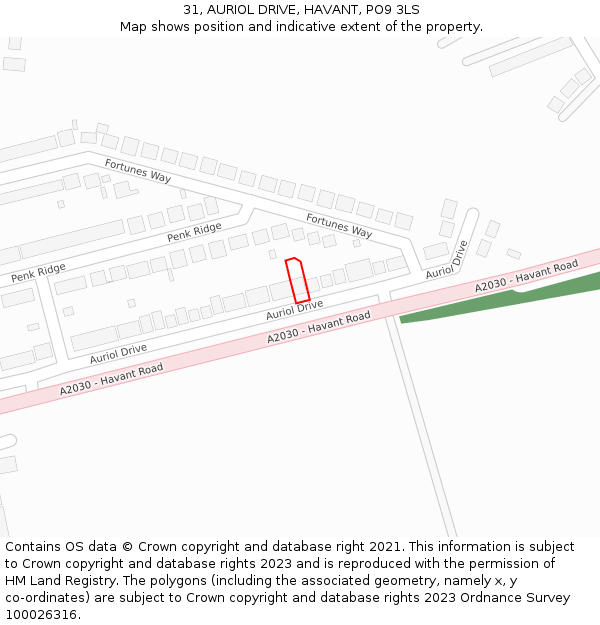 31, AURIOL DRIVE, HAVANT, PO9 3LS: Location map and indicative extent of plot