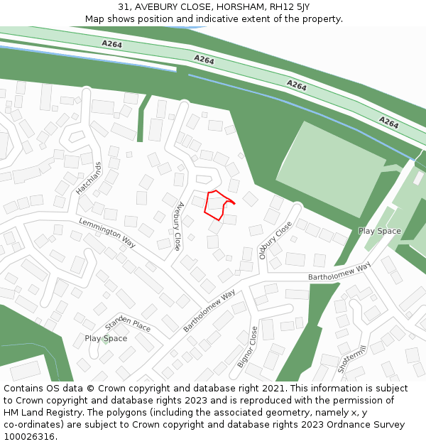 31, AVEBURY CLOSE, HORSHAM, RH12 5JY: Location map and indicative extent of plot