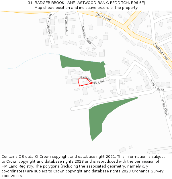 31, BADGER BROOK LANE, ASTWOOD BANK, REDDITCH, B96 6EJ: Location map and indicative extent of plot