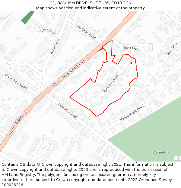 31, BANHAM DRIVE, SUDBURY, CO10 2GN: Location map and indicative extent of plot