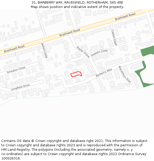 31, BARBERRY WAY, RAVENFIELD, ROTHERHAM, S65 4RE: Location map and indicative extent of plot