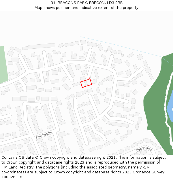 31, BEACONS PARK, BRECON, LD3 9BR: Location map and indicative extent of plot