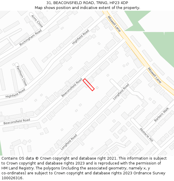 31, BEACONSFIELD ROAD, TRING, HP23 4DP: Location map and indicative extent of plot