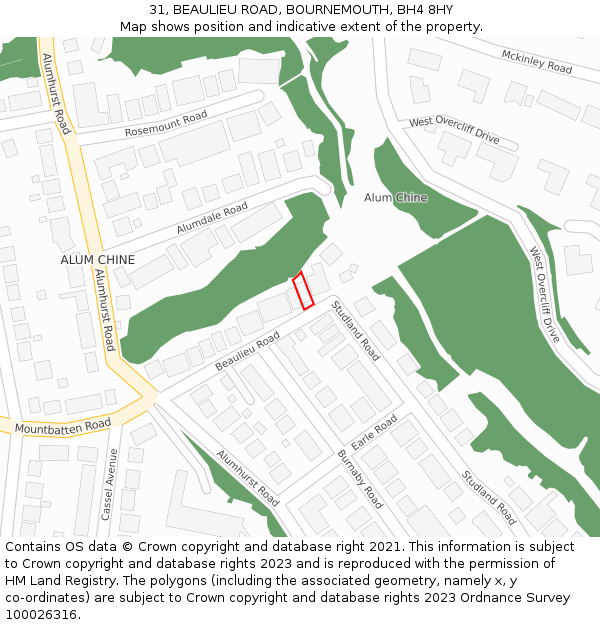 31, BEAULIEU ROAD, BOURNEMOUTH, BH4 8HY: Location map and indicative extent of plot