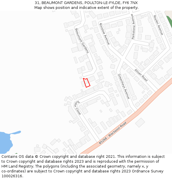 31, BEAUMONT GARDENS, POULTON-LE-FYLDE, FY6 7NX: Location map and indicative extent of plot