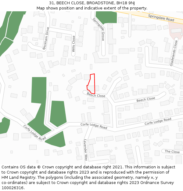 31, BEECH CLOSE, BROADSTONE, BH18 9NJ: Location map and indicative extent of plot