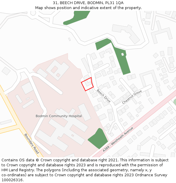 31, BEECH DRIVE, BODMIN, PL31 1QA: Location map and indicative extent of plot