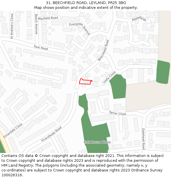 31, BEECHFIELD ROAD, LEYLAND, PR25 3BG: Location map and indicative extent of plot