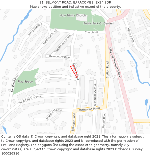 31, BELMONT ROAD, ILFRACOMBE, EX34 8DR: Location map and indicative extent of plot