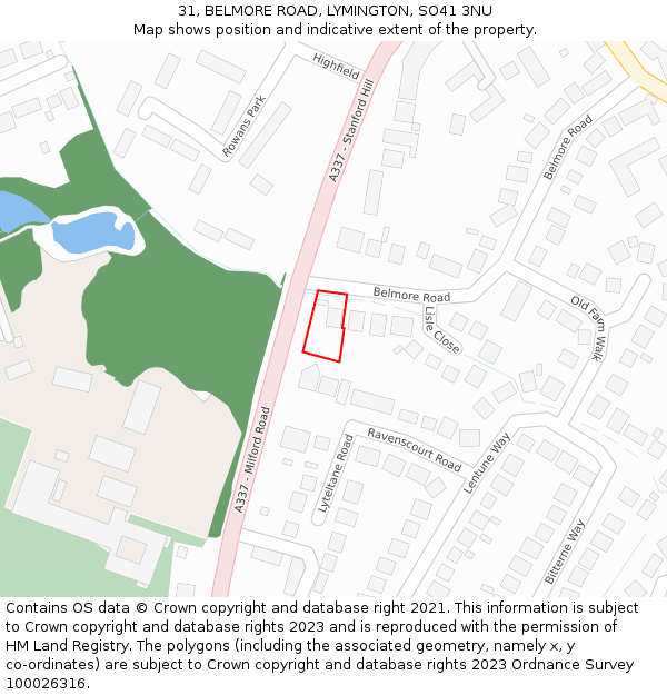 31, BELMORE ROAD, LYMINGTON, SO41 3NU: Location map and indicative extent of plot