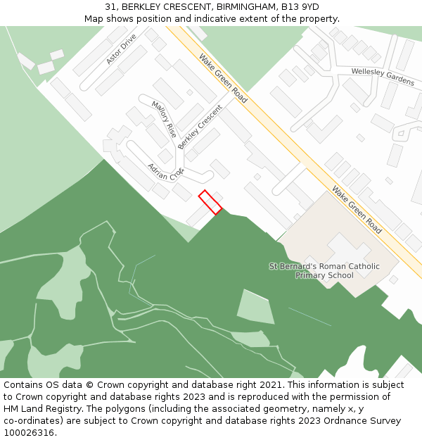 31, BERKLEY CRESCENT, BIRMINGHAM, B13 9YD: Location map and indicative extent of plot