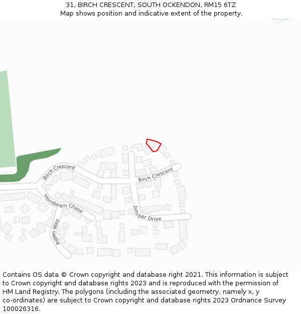 31, BIRCH CRESCENT, SOUTH OCKENDON, RM15 6TZ: Location map and indicative extent of plot