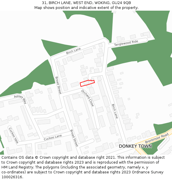 31, BIRCH LANE, WEST END, WOKING, GU24 9QB: Location map and indicative extent of plot