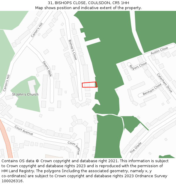 31, BISHOPS CLOSE, COULSDON, CR5 1HH: Location map and indicative extent of plot