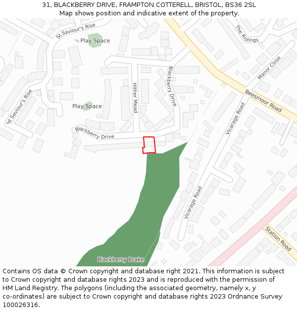 31, BLACKBERRY DRIVE, FRAMPTON COTTERELL, BRISTOL, BS36 2SL: Location map and indicative extent of plot