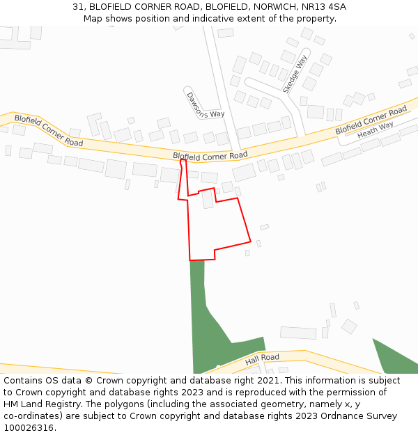31, BLOFIELD CORNER ROAD, BLOFIELD, NORWICH, NR13 4SA: Location map and indicative extent of plot