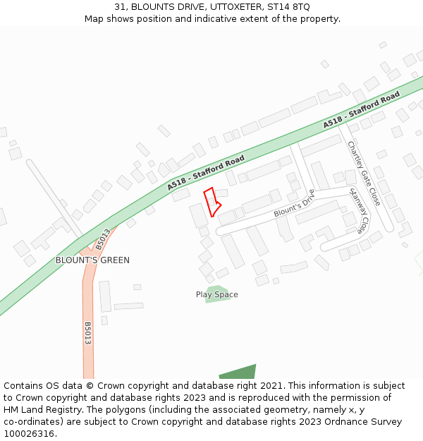 31, BLOUNTS DRIVE, UTTOXETER, ST14 8TQ: Location map and indicative extent of plot