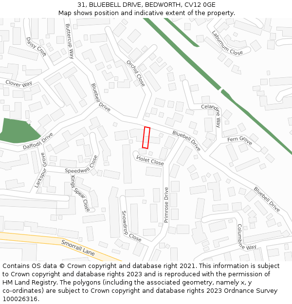 31, BLUEBELL DRIVE, BEDWORTH, CV12 0GE: Location map and indicative extent of plot