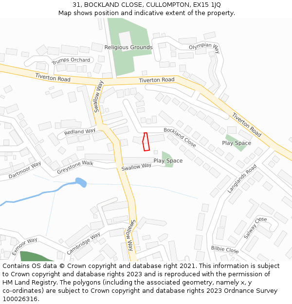 31, BOCKLAND CLOSE, CULLOMPTON, EX15 1JQ: Location map and indicative extent of plot