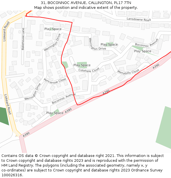 31, BOCONNOC AVENUE, CALLINGTON, PL17 7TN: Location map and indicative extent of plot