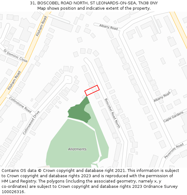 31, BOSCOBEL ROAD NORTH, ST LEONARDS-ON-SEA, TN38 0NY: Location map and indicative extent of plot