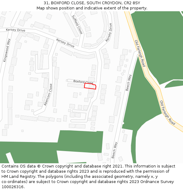 31, BOXFORD CLOSE, SOUTH CROYDON, CR2 8SY: Location map and indicative extent of plot