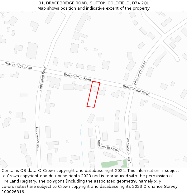 31, BRACEBRIDGE ROAD, SUTTON COLDFIELD, B74 2QL: Location map and indicative extent of plot