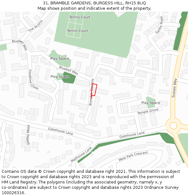 31, BRAMBLE GARDENS, BURGESS HILL, RH15 8UQ: Location map and indicative extent of plot