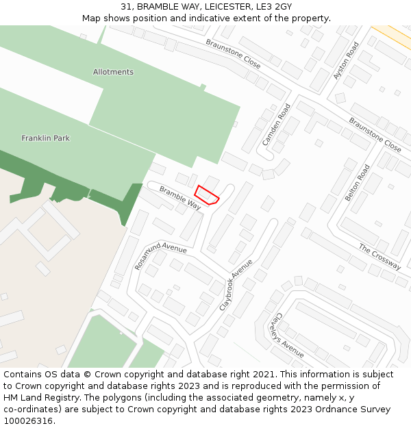 31, BRAMBLE WAY, LEICESTER, LE3 2GY: Location map and indicative extent of plot