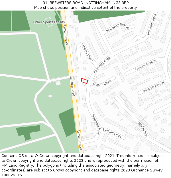 31, BREWSTERS ROAD, NOTTINGHAM, NG3 3BP: Location map and indicative extent of plot