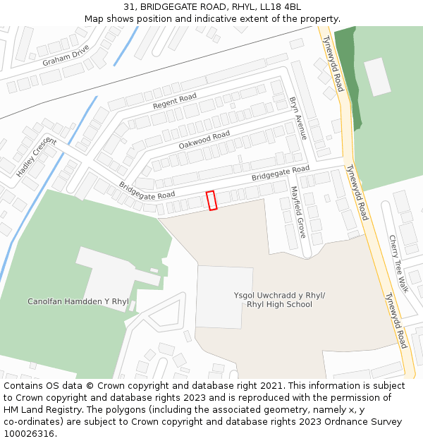31, BRIDGEGATE ROAD, RHYL, LL18 4BL: Location map and indicative extent of plot