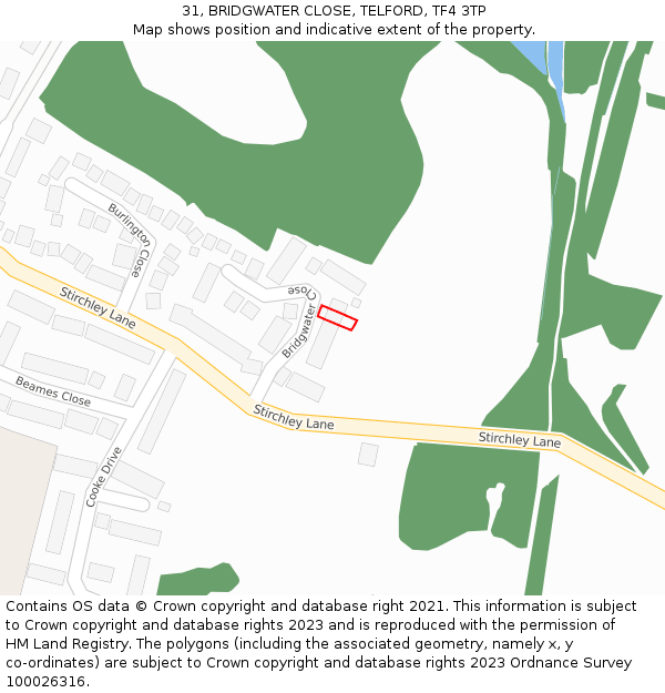 31, BRIDGWATER CLOSE, TELFORD, TF4 3TP: Location map and indicative extent of plot
