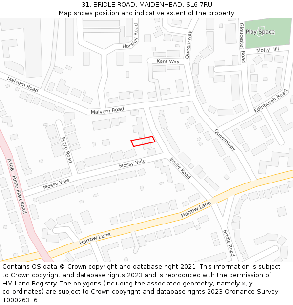 31, BRIDLE ROAD, MAIDENHEAD, SL6 7RU: Location map and indicative extent of plot