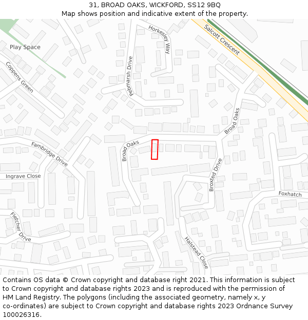 31, BROAD OAKS, WICKFORD, SS12 9BQ: Location map and indicative extent of plot