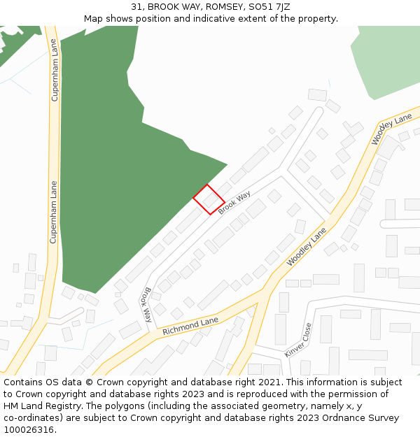 31, BROOK WAY, ROMSEY, SO51 7JZ: Location map and indicative extent of plot