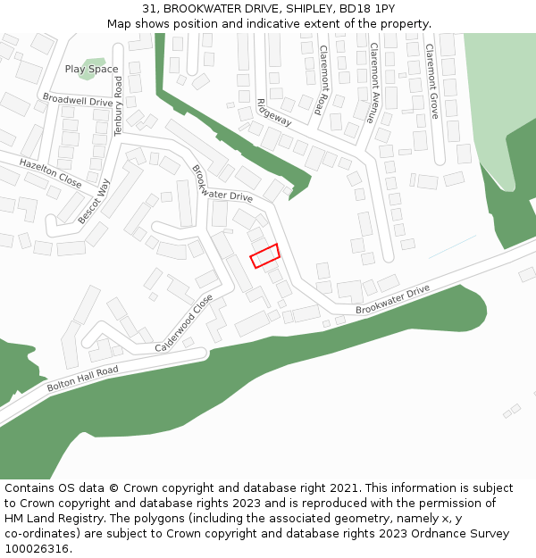 31, BROOKWATER DRIVE, SHIPLEY, BD18 1PY: Location map and indicative extent of plot