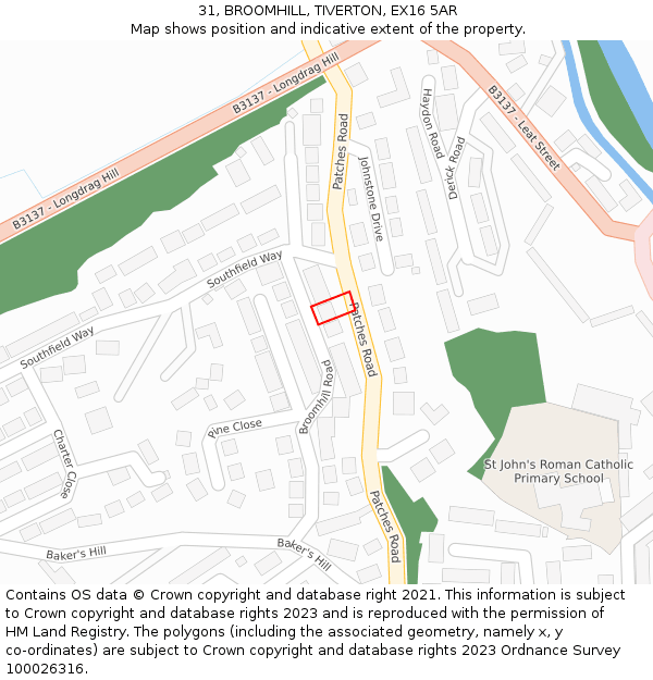 31, BROOMHILL, TIVERTON, EX16 5AR: Location map and indicative extent of plot