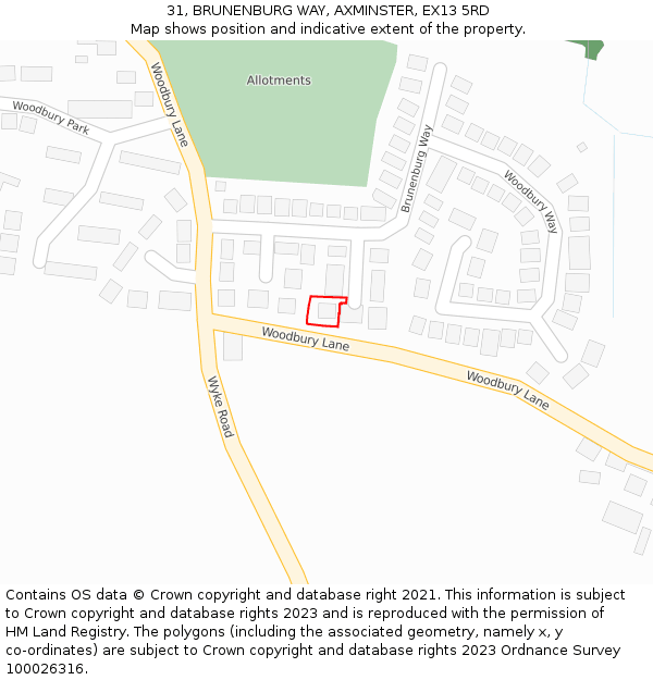 31, BRUNENBURG WAY, AXMINSTER, EX13 5RD: Location map and indicative extent of plot