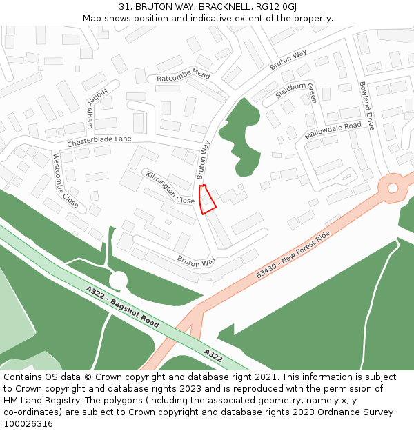 31, BRUTON WAY, BRACKNELL, RG12 0GJ: Location map and indicative extent of plot