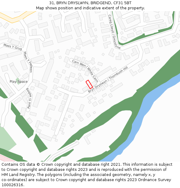 31, BRYN DRYSLWYN, BRIDGEND, CF31 5BT: Location map and indicative extent of plot