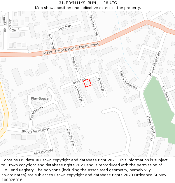 31, BRYN LLYS, RHYL, LL18 4EG: Location map and indicative extent of plot