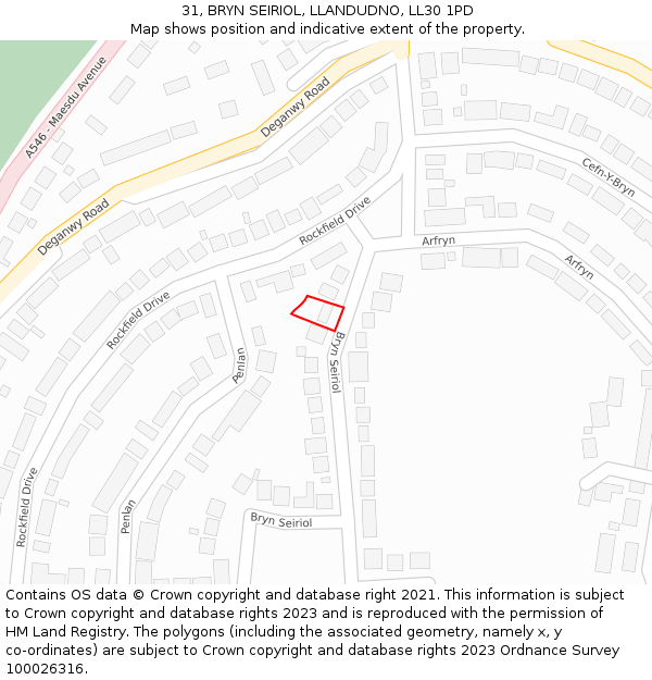 31, BRYN SEIRIOL, LLANDUDNO, LL30 1PD: Location map and indicative extent of plot