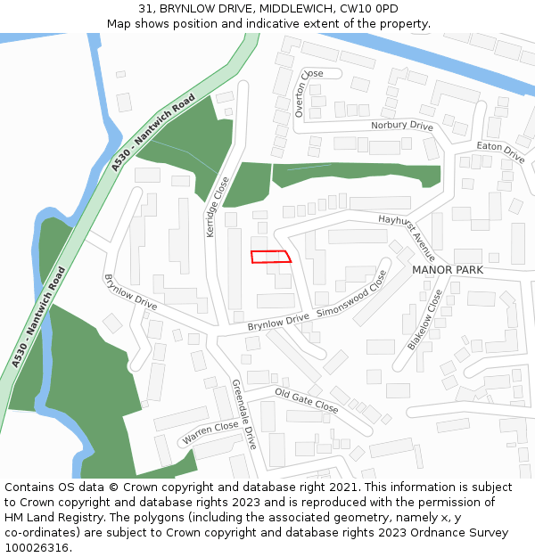 31, BRYNLOW DRIVE, MIDDLEWICH, CW10 0PD: Location map and indicative extent of plot