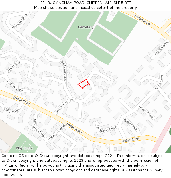 31, BUCKINGHAM ROAD, CHIPPENHAM, SN15 3TE: Location map and indicative extent of plot