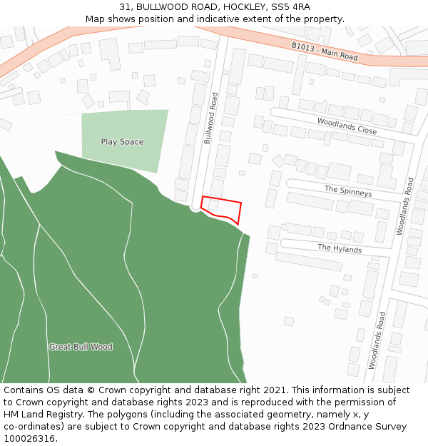 31, BULLWOOD ROAD, HOCKLEY, SS5 4RA: Location map and indicative extent of plot