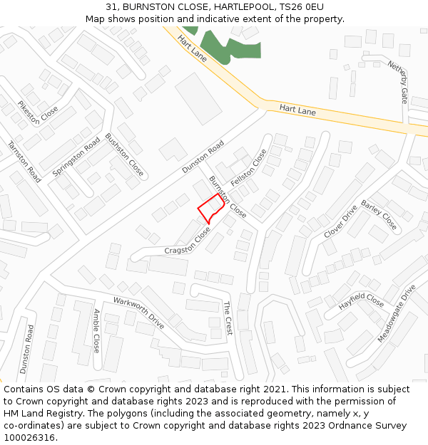 31, BURNSTON CLOSE, HARTLEPOOL, TS26 0EU: Location map and indicative extent of plot