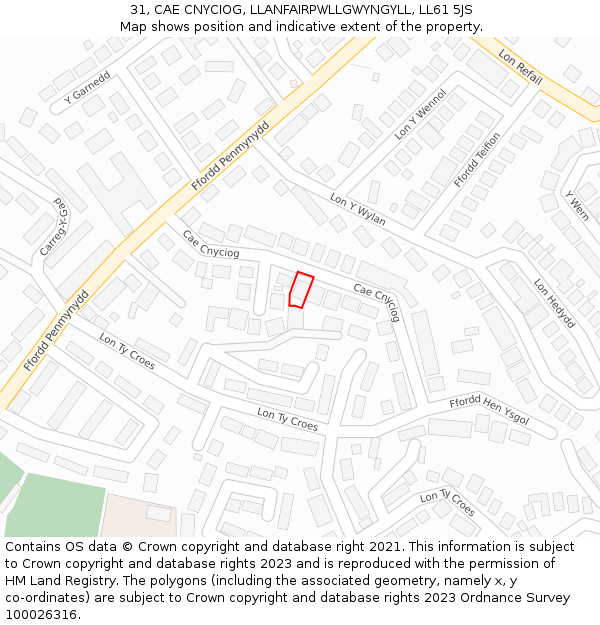 31, CAE CNYCIOG, LLANFAIRPWLLGWYNGYLL, LL61 5JS: Location map and indicative extent of plot