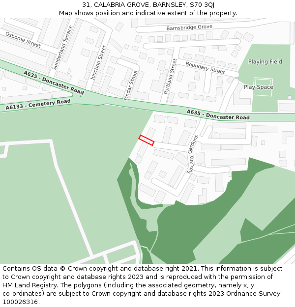 31, CALABRIA GROVE, BARNSLEY, S70 3QJ: Location map and indicative extent of plot