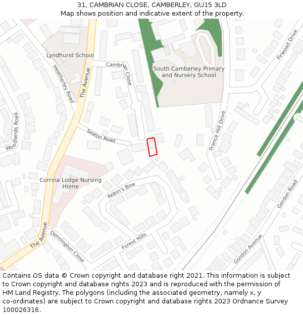 31, CAMBRIAN CLOSE, CAMBERLEY, GU15 3LD: Location map and indicative extent of plot